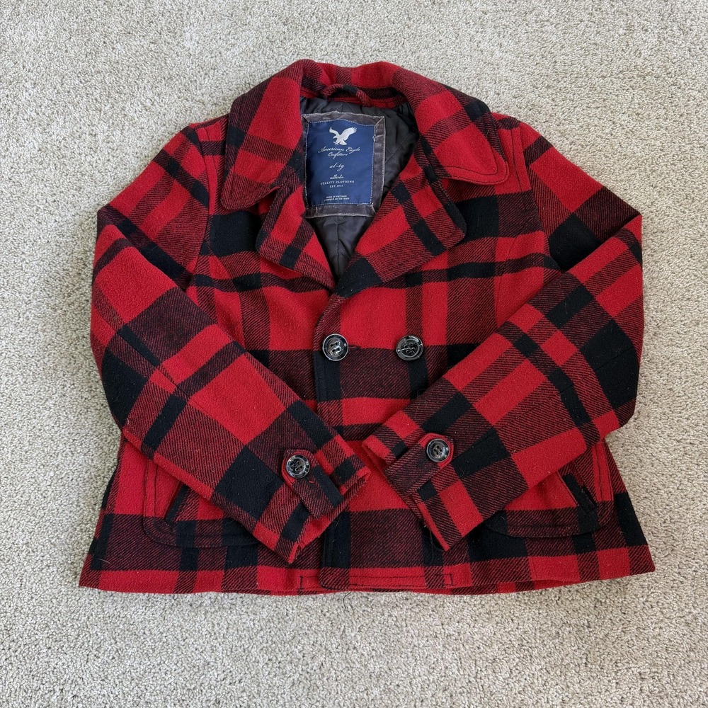 Y2K American Eagle Outfitters Coat Womens XL Red Plaid Pea Wool Blend Winter